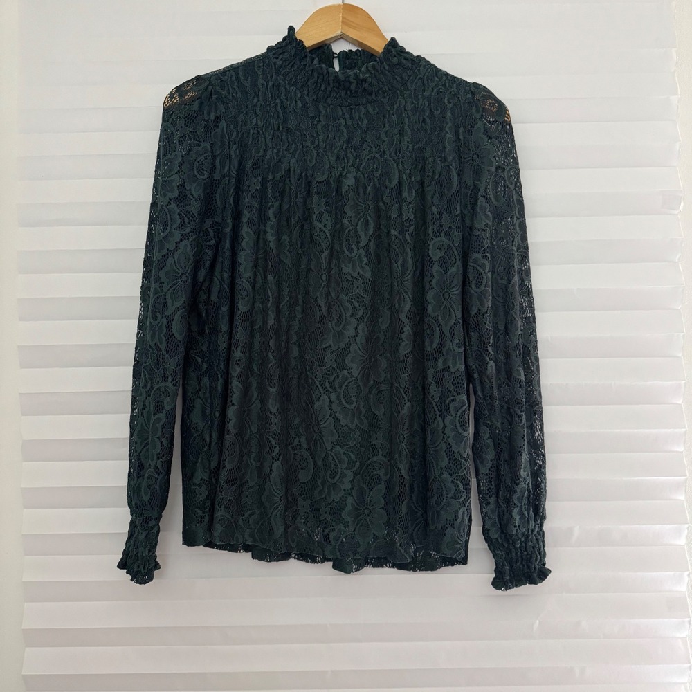 Cable & Gauge Womens Green Floral Lace Smocked Mock Neck Blouse Top L Fairy